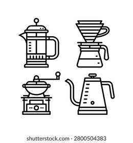 Assortment of coffee brewing tools and equipment, including a french press, pour over apparatus, manual grinder, and gooseneck kettle, representing various methods for preparing artisanal beverages