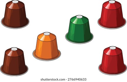 Assortment of coffee capsules in various colors with espresso beverage caffeine selection assortment collection container packaging multiple isolated background refreshment refreshments