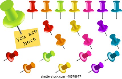 Assortment of Colored Thumbtacks at Various Angles (Another version in another format is available in my gallery.)