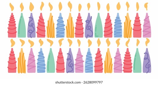 An assortment of colorful birthday and celebration candles for holidays. Doodle, clip art, drawing. Suitable for icons, graphics, and celebratory cards. EPS 10.