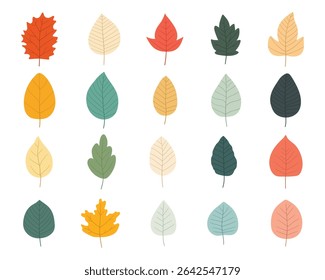 Uma variedade de folhas coloridas de desenhos animados isoladas sobre fundo branco