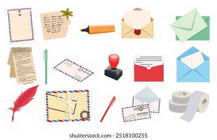 Uma variedade de envelopes, cartas e material de correspondência coloridos para enviar correspondência.