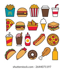 Assortment of colorful fast food icons vector illustration