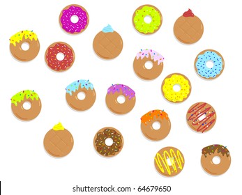 An assortment of colorful frosted, iced, and filled donuts - VECTOR