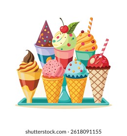 Assortment of Colorful Ice Cream Cones and Sundaes on a Tray