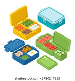Assortment of colorful isometric lunch boxes filled with food lunch box food prep
