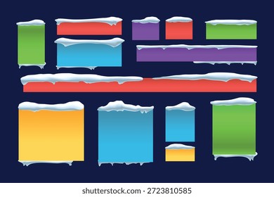 Assortment of colorful rectangular banners with realistic snow caps