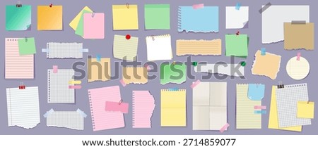 Assortment of colorful torn paper note sheets with clips and tape on a purple background. Stationery and memo concept. Vector illustration