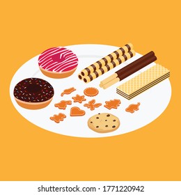 An assortment of colourful, festive sweets, strawberry donut, chocolate cripsy cookies and wafer stick or wafel on plate