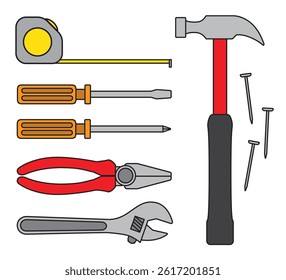An assortment of common tools used for repairs, DIY, or construction that are found in most toolboxes.
