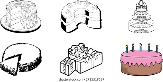 Uma variedade de gráficos de confeitaria apresenta vários desenhos de bolo preto e branco mostrando diferentes estilos como bolos de casamento em camadas e porções fatiadas ao lado de desenhos coloridos bolo de aniversário com