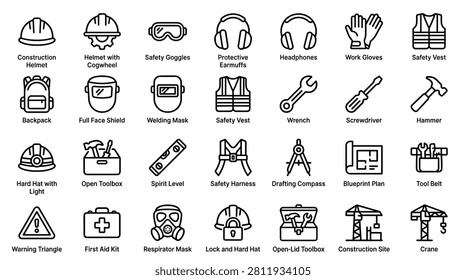 Assortment of construction site icons featuring safety helmets, goggles, gloves, and vests. Includes tools like wrenches and hammers, as well as safety equipment and site elements like cranes and warnings.