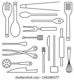 Assortment of cooking utensils outlines vector illustration