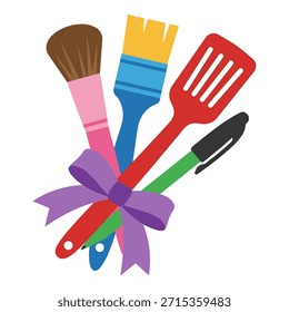 Surtido de herramientas creativas y de cocina. Pinceles de pintura, espátula, marcador atado con cinta. Objetos artísticos y culinarios.