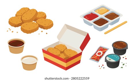 An assortment of crispy chicken nuggets, both loose and in a takeout box, accompanied by various dipping sauces in individual containers and a multi-compartment tray.