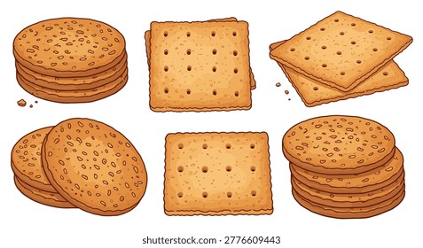 Assortment of crispy golden crackers in various shapes including round discs and square biscuits showing different toasted textures.