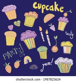 An assortment of cupcakes for birthdays, parties, bakery treats; isolated vector illustrations