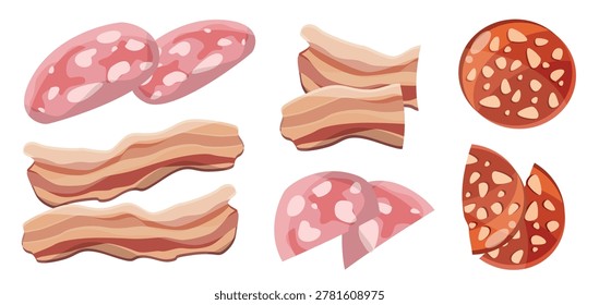 Assortment of cured meats featuring salami slices, bacon strips, ham and sausage rounds with visible fat chunks ingredients for cooking pizza