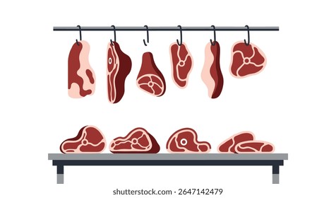Assortment of Cut Raw Meats Hanging from Hooks and Lying on Display