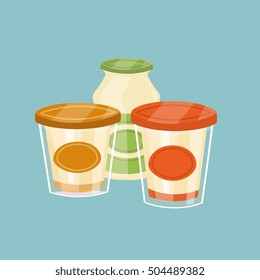 Assortment of dairy products isolated on blue background, vector illustration. Nutritious and healthy milk products.