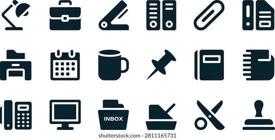 Assortment of dark blue office and stationery on a white background desk lamp
