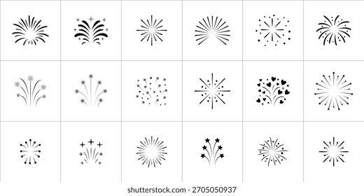 Assortment of decorative firework icons featuring dotted bursts, star clusters, curved sprays, and radial line designs.