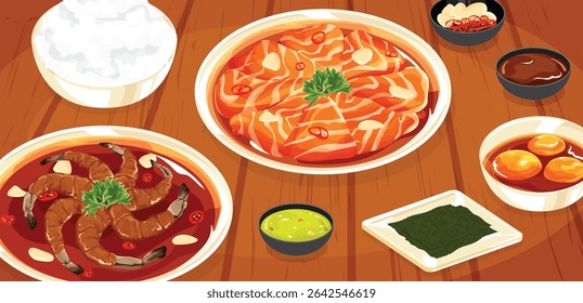 Uma variedade de deliciosos frutos do mar marinados asiáticos e pratos laterais ilustração vetorial. Apresentando salmão, camarão e gemas de ovos com arroz e condimentos. Perfeito para menus de comida, projetos de restaurante ou cu