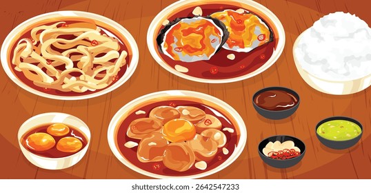 Uma variedade de deliciosos pratos asiáticos em conserva e marinados ilustração vetorial. Apresentando lula marinada, caranguejo e gemas de ovos com arroz e molhos para imersão. Ideal para menus de comida asiática e pratos culinários