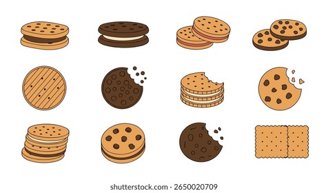 Assortment of delicious baked goods featuring various cookies and biscuits with different fillings and chocolate chips