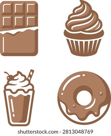 Assortment of delicious chocolate desserts including a bar, cupcake, milkshake, and donut