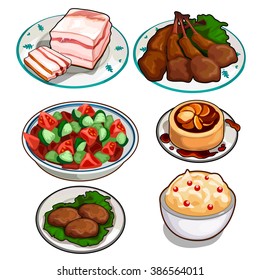 An assortment of delicious foods and desserts. Vector illustration.