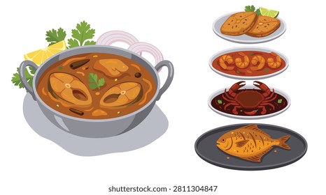 An assortment of delicious Indian Seafood Dishes Assortment fish curry bengali, prawn masala goan, fish amritsari fried, crab chettinad spicy, pomfret tawa fry.