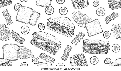 An Assortment of Delicious Sandwiches Bacon and Bread in Black and White