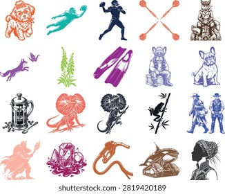 An assortment of detailed vector icons representing various sports activities and animal figures for web or print.