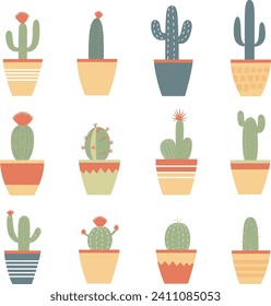 Assortment of different cacti in colorful pots. Cute houseplants in a flat style. Desert flora in interior decor vector illustration.