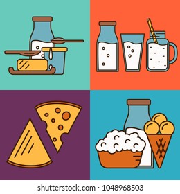 Assortment of different dairy products, isolated square composition on color background, vector illustration in line style design. Nutritious and natural healthy food. Organic farmers products.