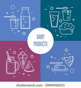 Assortment of different dairy products, isolated square compositions on color background, vector illustrations in line style design. Traditional and healthy products. Organic farming. Natural food
