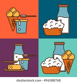 Assortment of different dairy products, isolated square composition on color background, vector illustration in line style design. Nutritious and natural healthy food. Organic farmers products.