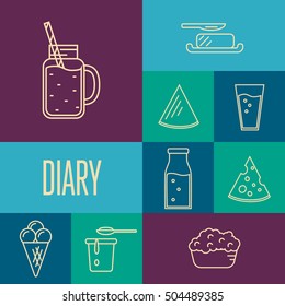 Assortment of different dairy products, isolated square composition, vector illustration in line style design. Healthy nutritious concept with butter, ice cream, milk, yoghurt, cheese, kefir