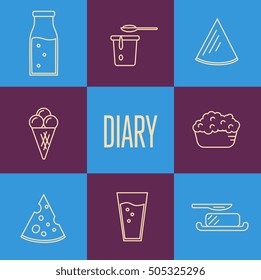 Assortment of different dairy products, isolated square composition on color background, vector illustration in line style design. Traditional milk products. Organic farming. Natural tasty food