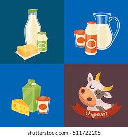 Assortment of different dairy products, isolated square composition on color background, vector illustration. Organic logo with cartoon cow. Nutritious and natural healthy food. 