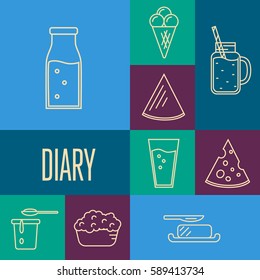 Assortment of different dairy products, isolated square composition on color background, vector illustration in line style design. Traditional and healthy products. Organic farming. Natural food