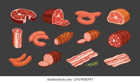 Assortment of different meat products including sausages, steaks, bacon, and salami in a detailed cartoon illustration.