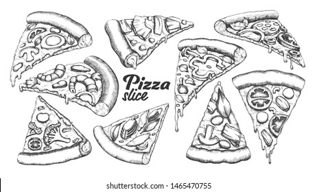 Assortment Different Slice Pizza Set Ink Vector. Collection Slice Cheese Pizza With Ingredients Mushroom And Shrimp Prawn, Tomatoes And Onion Concept. Designed Template Black And White Illustrations