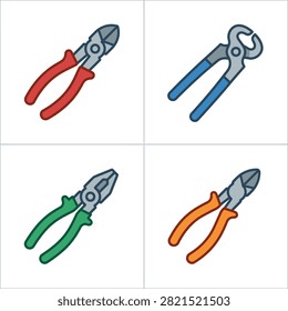 An assortment of different types of pliers, including cutters, nippers, and pincers, essential for various manual tasks.