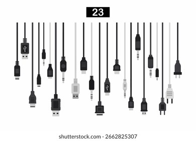 Surtido de audio digital y cables USB con conectores colgando icono de Vector jack hacia abajo