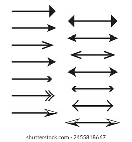 Assortment of directional arrows. Black navigation symbols Vector set. Various arrow designs collection.