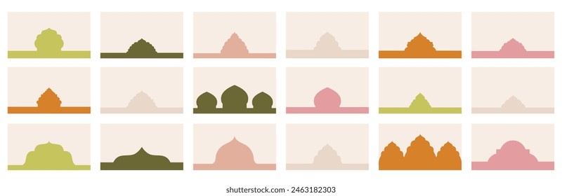 Assortment of diverse shapes for website header or footer sections featuring Islamic window patterns. Landing page divider template to organize design compositions, in vector flat design.