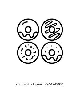 Assortment of donuts. Glazed, sprinkled and frosted. Work or children party sweet treats. Pixel perfect, editable stroke