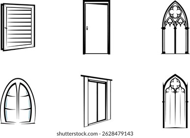 Variedade de estilos de porta e janela em formato de contorno preto e branco